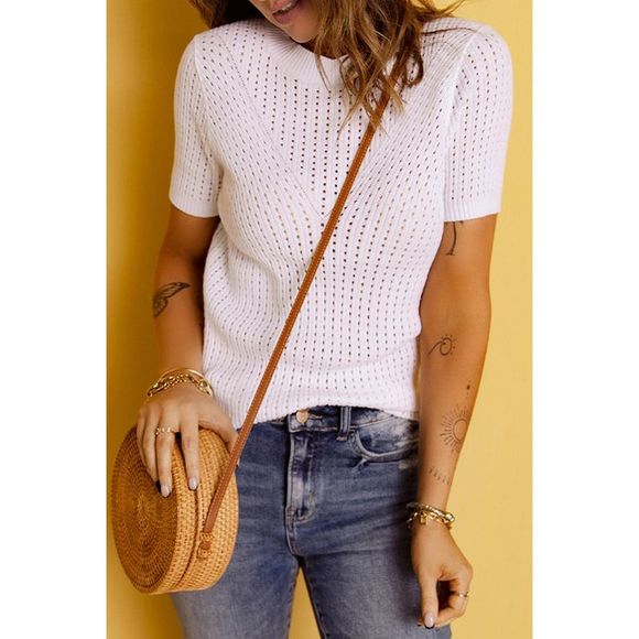 Azura Exchange  White Hollow-out Knitted Short Sleeve T Shirt - Picture 2 of 14
